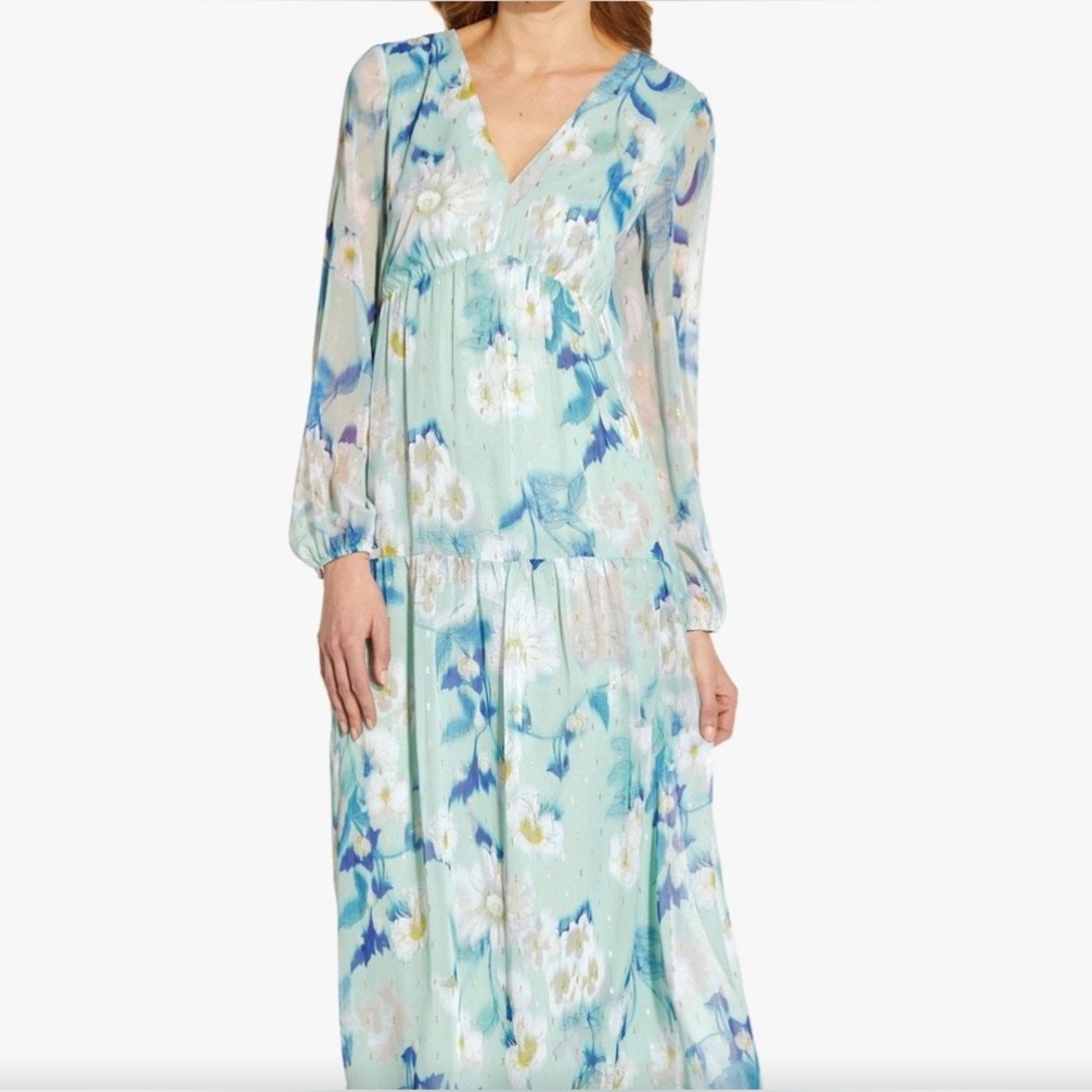 NWT Adrianna Papell Dress, floral Chiffon Maxi 16W aqua, teal, white long sleeve - Picture 2 of 9